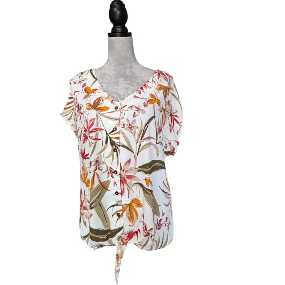 NEW Perseption Concept Womens Floral Tie Front Button Up Blouse Tropical White